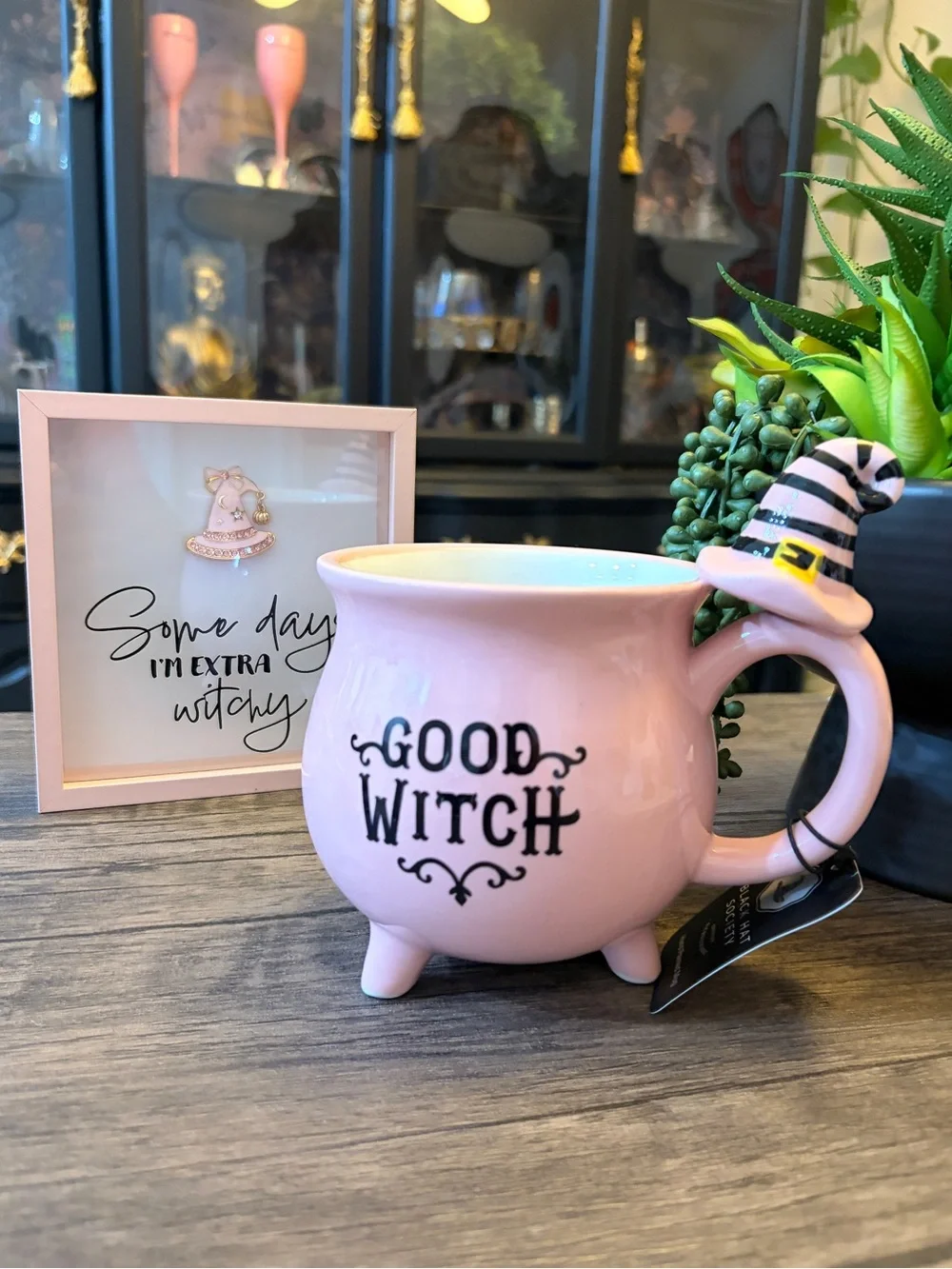 Pink Good Witch Cauldron Mug with witch hat